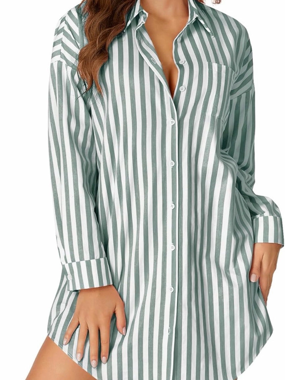 Green and White Vertical Stripe Button-Up Shirt Dress